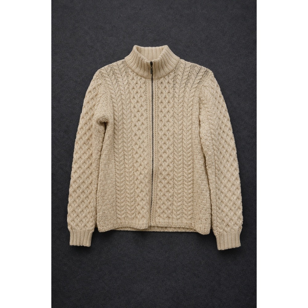 Inis Crafts Aran Cable Knit Full Zip Sweater 100% Merino Wool Cream Ireland M